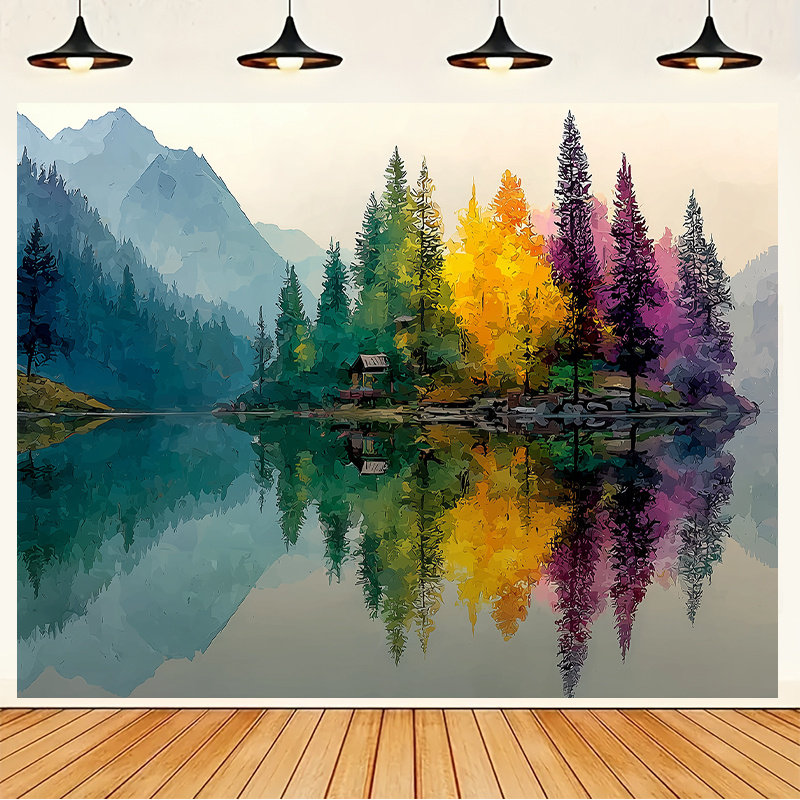Interior Design Landscape - Mural Dinding Danau Hutan Berwarna-warni Cetakan