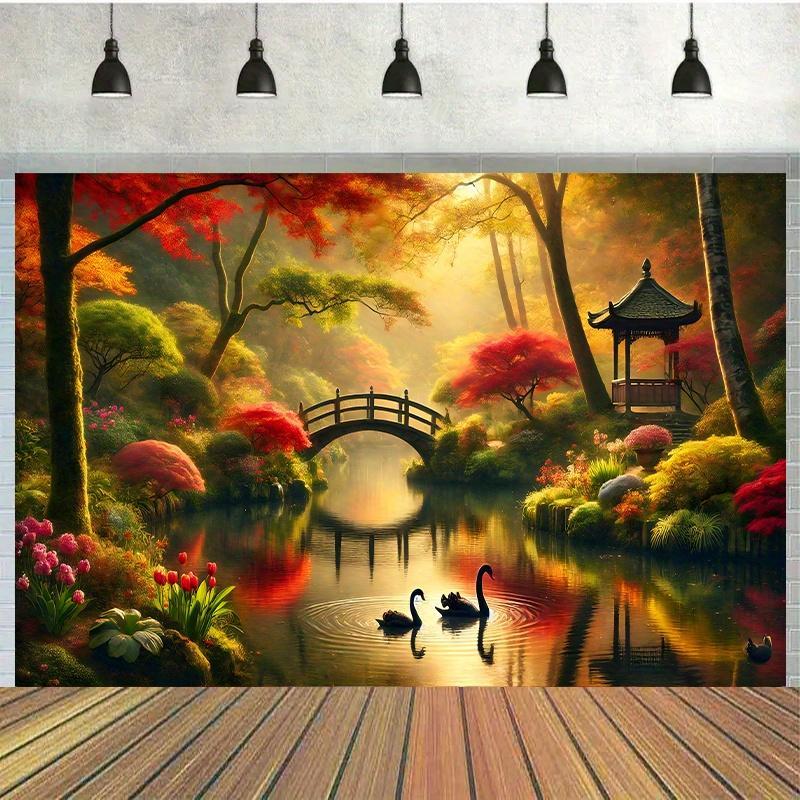 Interior Design Landscape - Tapestry Dinding Autumn Garden Bridge Swans,