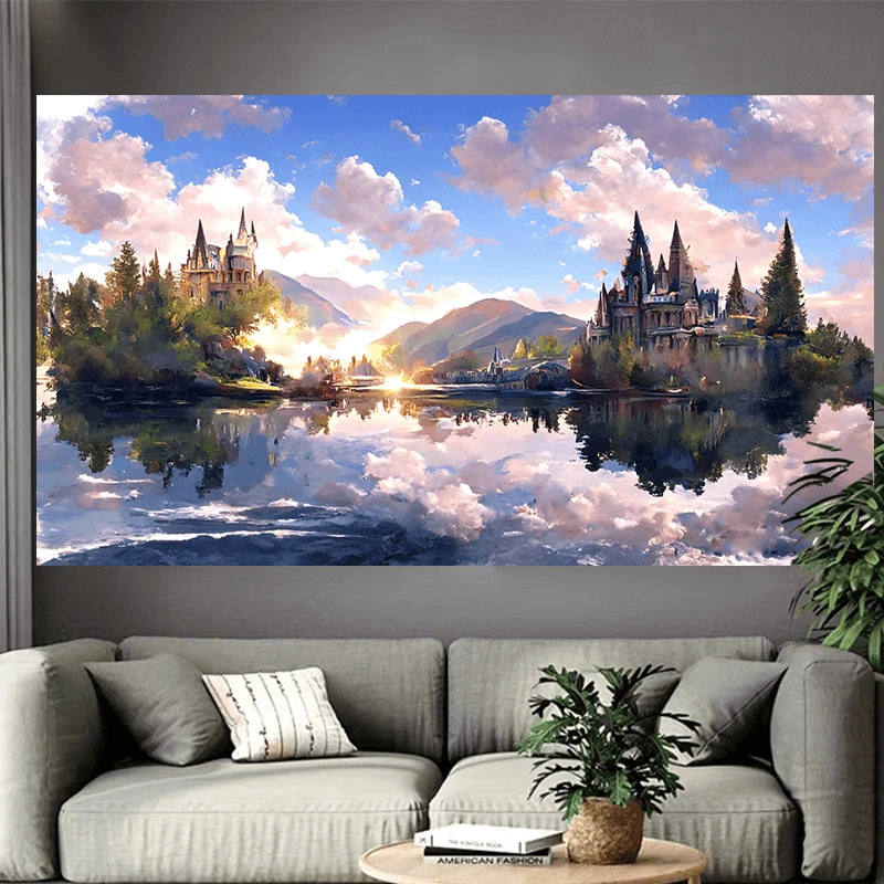 Tapestry Dinding Castle Lake,  - Interior Design Landscape ulasan dan harga