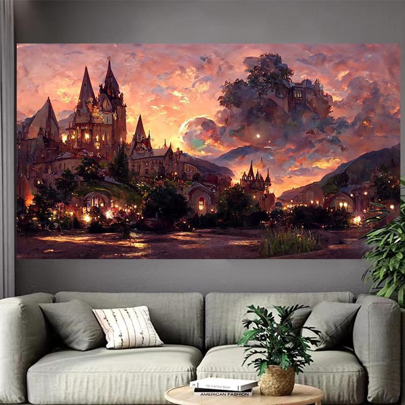 Tapestry Dinding Castle Lake,  - Interior Design Landscape ulasan dan harga